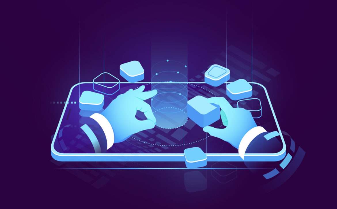 Holographic display isometric neon, digital futuristic technology, user interface development design, building mobile application, big data processing, cyber security isometric vector